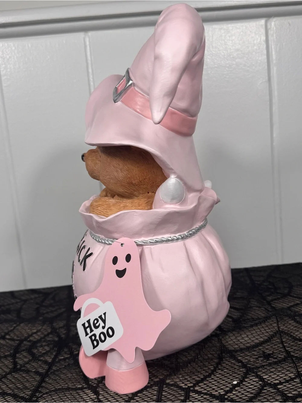 NEW Viral Hey Boo Teddy Bear in a Pink Trick-or-Treat Sack Halloween Figurine